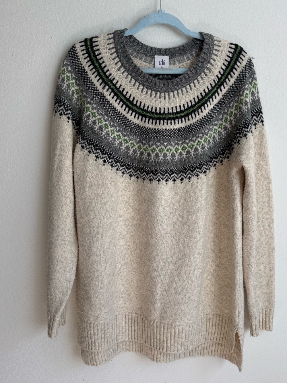 Cabi Fair Isle Knit Sweater Cream Green Gray Size M